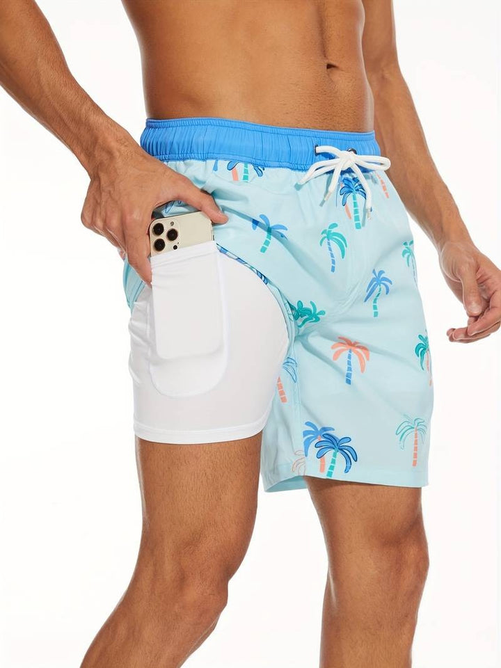 Men's Flamingo Print Swim Trunks with Elastic Waistband - Tropical Beach Shorts — Light Blue