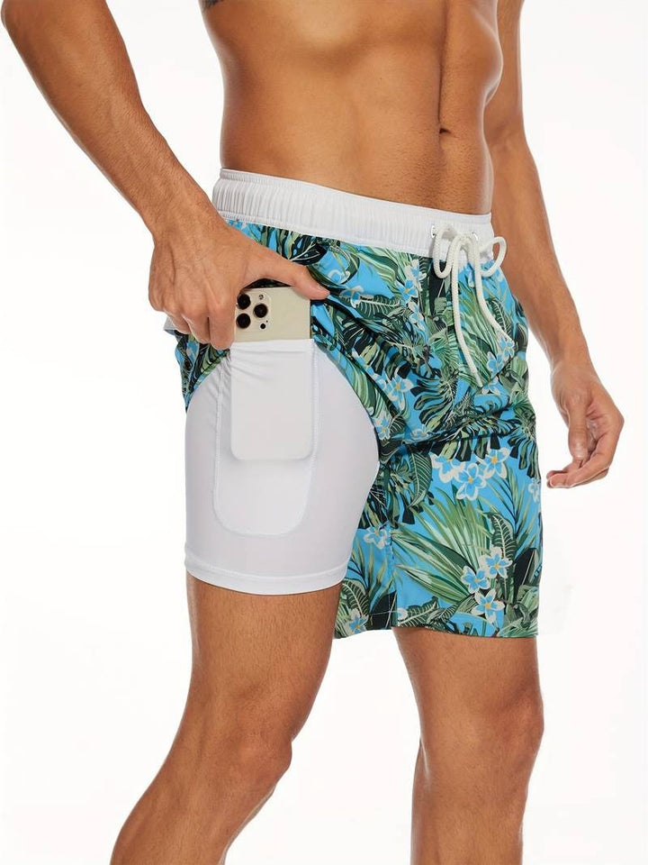 Men's Flamingo Print Swim Trunks with Elastic Waistband - Tropical Beach Shorts — Light Green