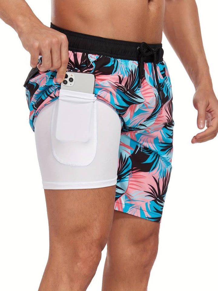 Men's Flamingo Print Swim Trunks with Elastic Waistband - Tropical Beach Shorts — Light Pink