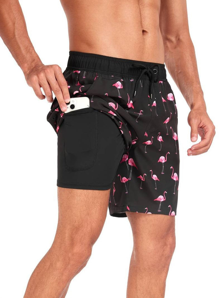 Men's Flamingo Print Swim Trunks with Elastic Waistband - Tropical Beach Shorts — Light Red