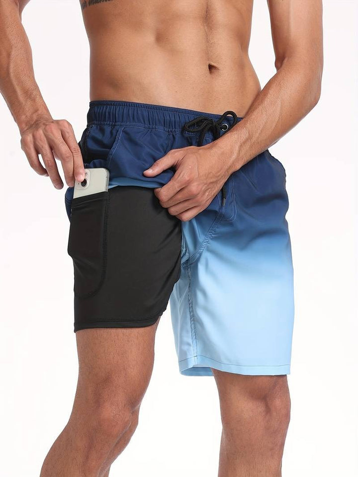 Men's Flamingo Print Swim Trunks with Elastic Waistband - Tropical Beach Shorts — Navy