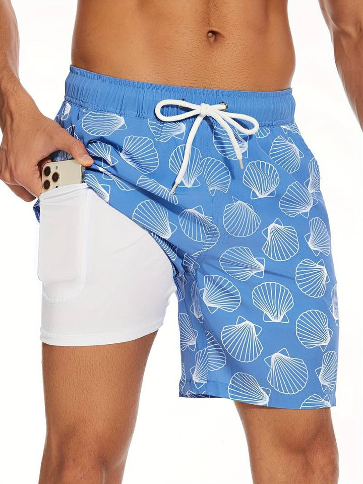 Men's Flamingo Print Swim Trunks with Elastic Waistband - Tropical Beach Shorts — Dark Blue