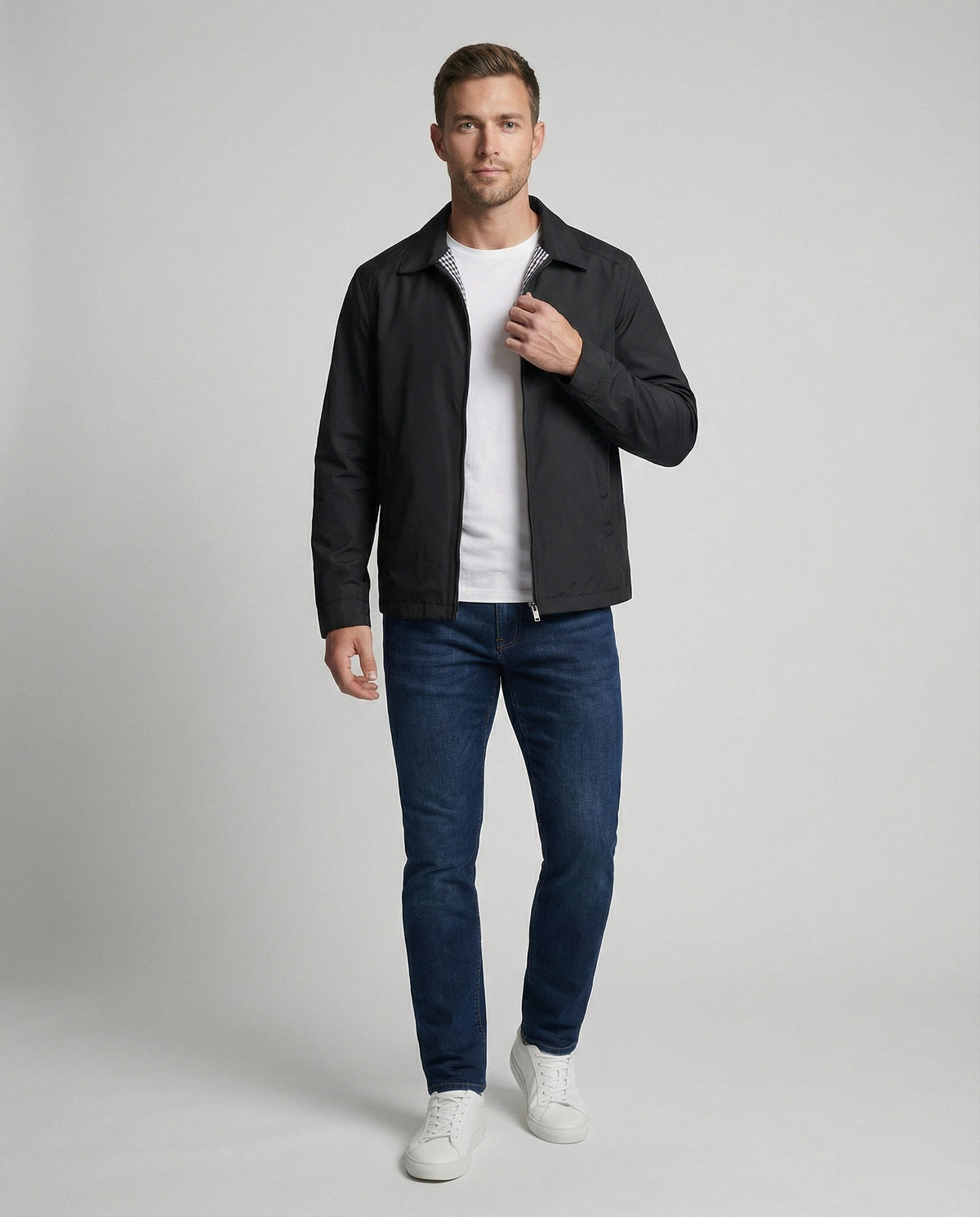 Herrenjacke mit Hemdjacken-Kragen und Karofutter – Raffaele