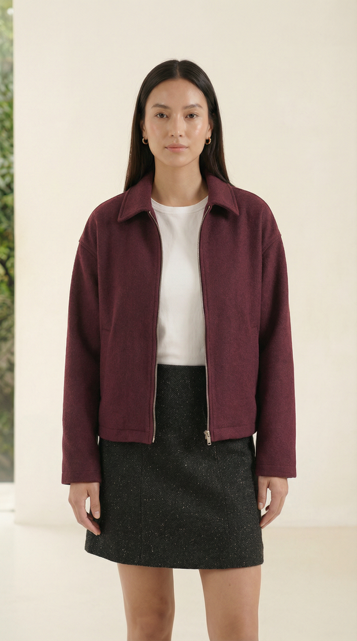 Nora Cropped Wool-Blend Jacket — Burgundy