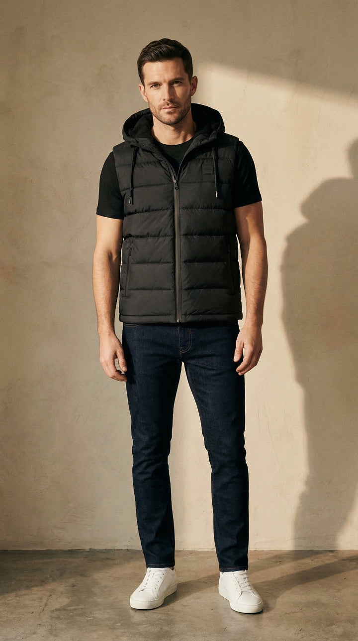 Marco Quilted Hooded Gilet — Black