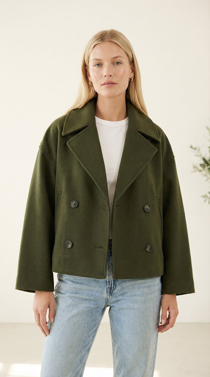 Isabelle Cropped Double-Breasted Wool-Blend Jacket — Olive Green