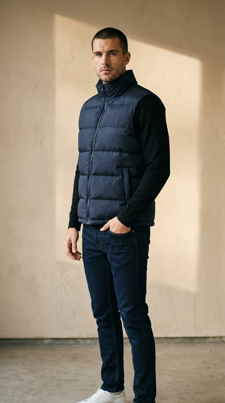 Bruno Black Quilted High-Collar Gilet — Navy Blue