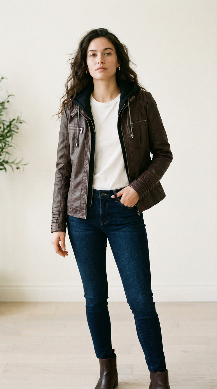 Jade Faux Leather Hooded Biker Jacket — Dark Brown