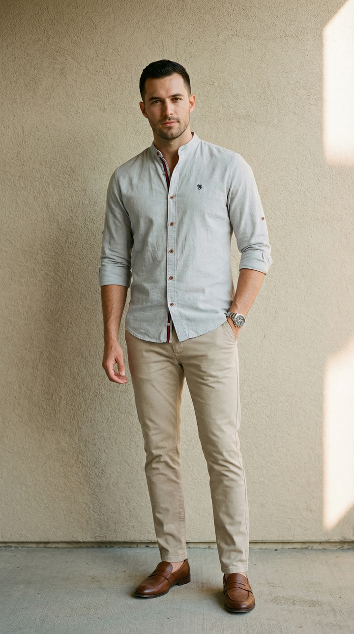 Enzo Band Collar Linen-Blend Shirt — Grey