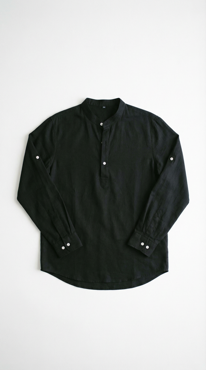 Alessandro Beige Linen Stand Collar Shirt — Black