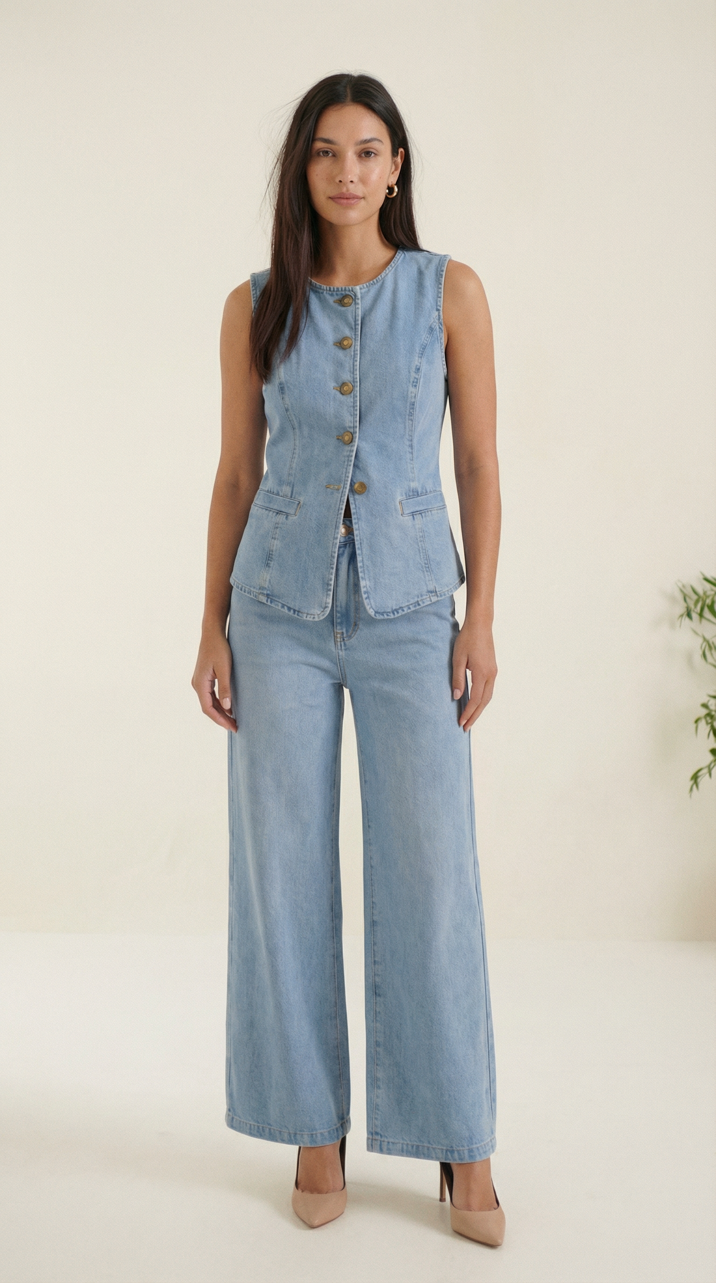 Savanna – Damen-Denim-Zweiteiler mit Weste und Weitem Bein