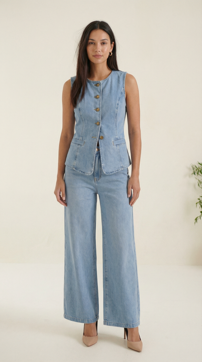 Savanna – Damen-Denim-Zweiteiler mit Weste und Weitem Bein