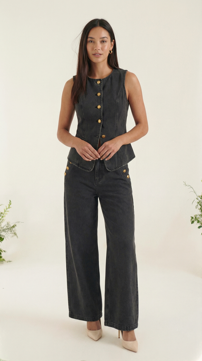 Savanna – Damen-Denim-Zweiteiler mit Weste und Weitem Bein