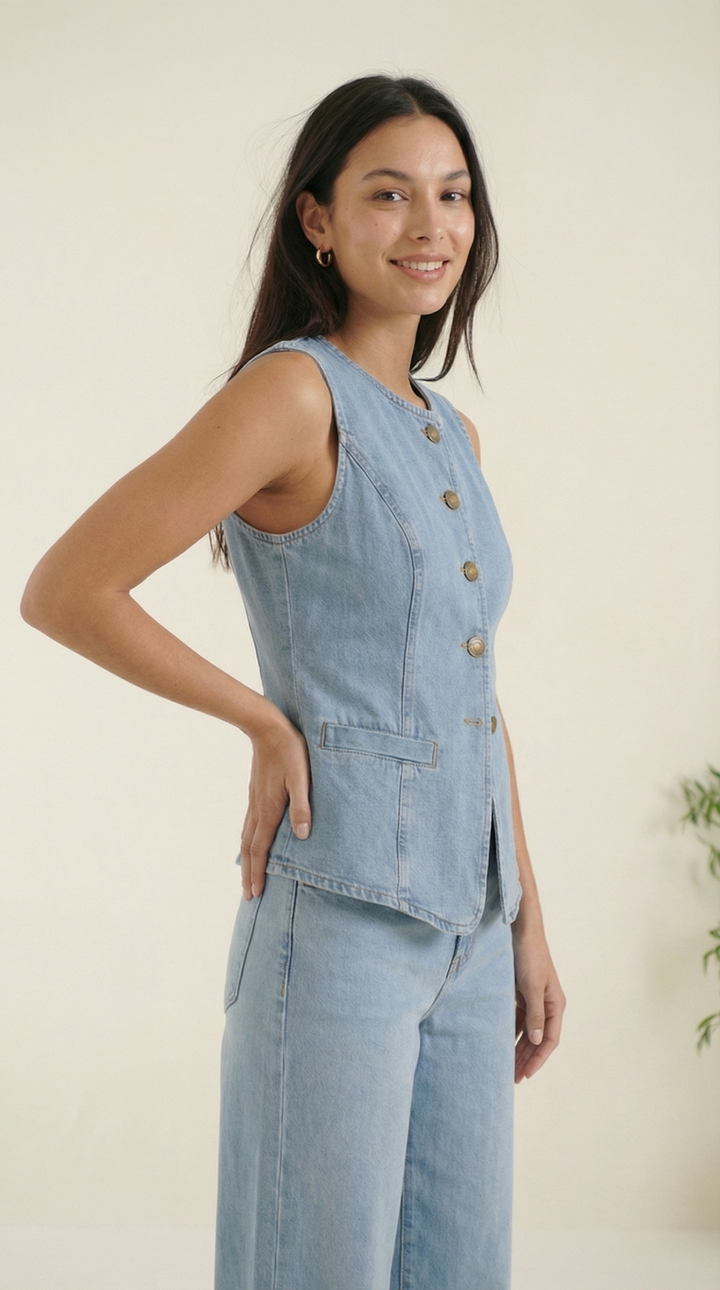 Savanna – Damen-Denim-Zweiteiler mit Weste und Weitem Bein