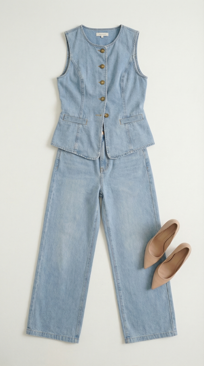 Savanna – Damen-Denim-Zweiteiler mit Weste und Weitem Bein
