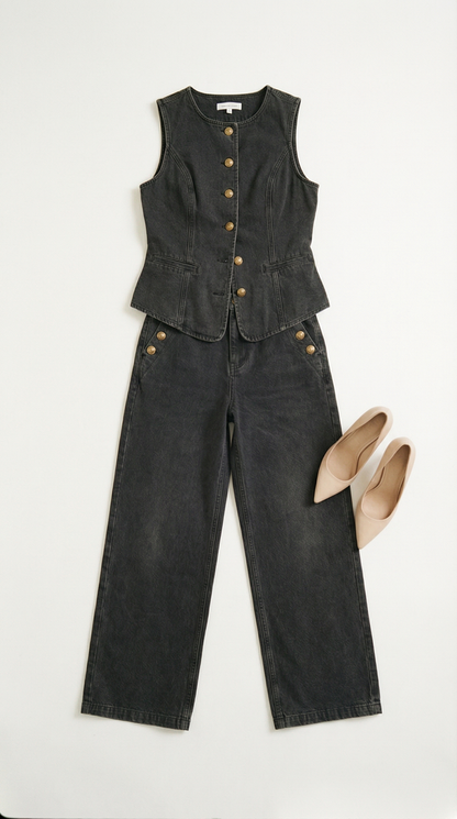 Savanna – Damen-Denim-Zweiteiler mit Weste und Weitem Bein
