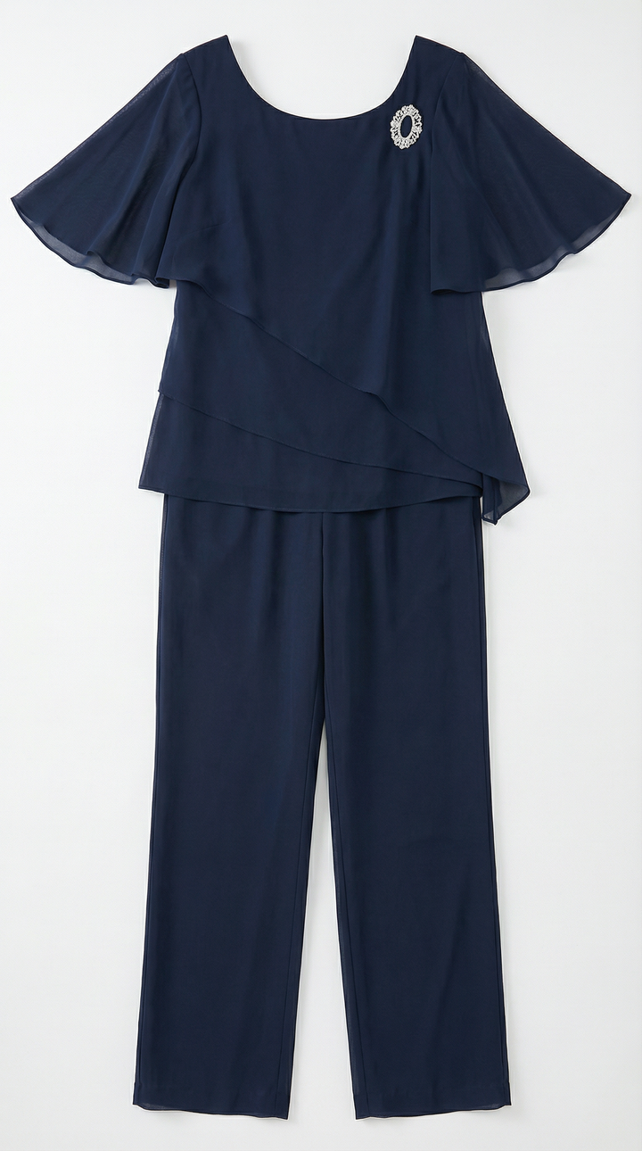 Elisabetta Draped Chiffon Trouser Suit — Navy Blue