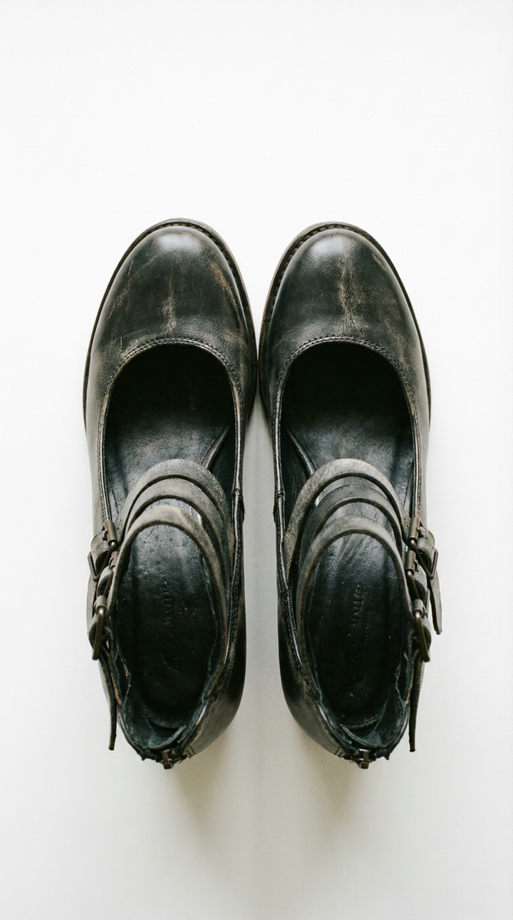 Serafina Distressed Leather-Look Ankle Strap Heels — Black