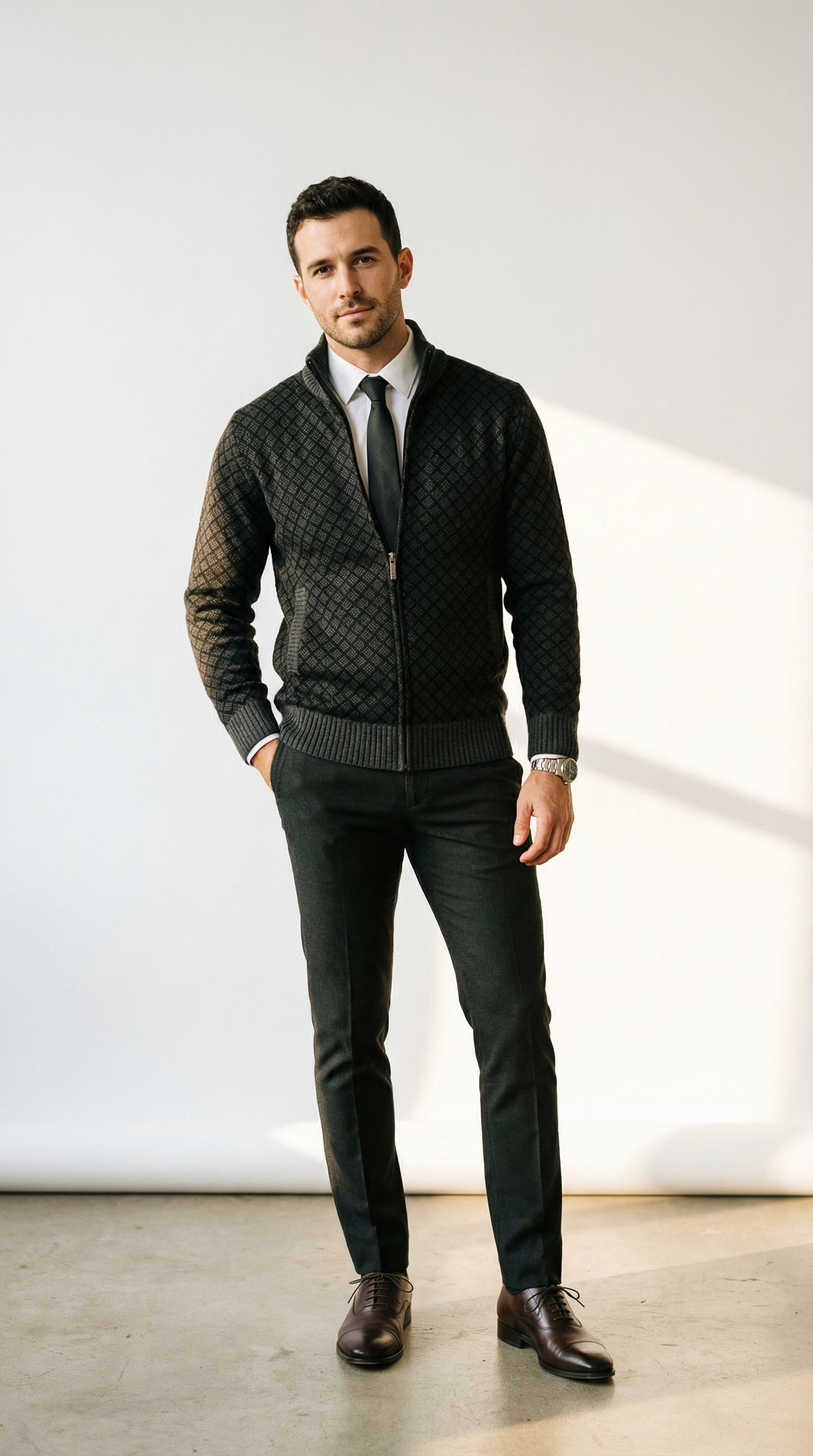 Damiano – Herren-Strickjacke mit Rautenmuster und Stehkragen