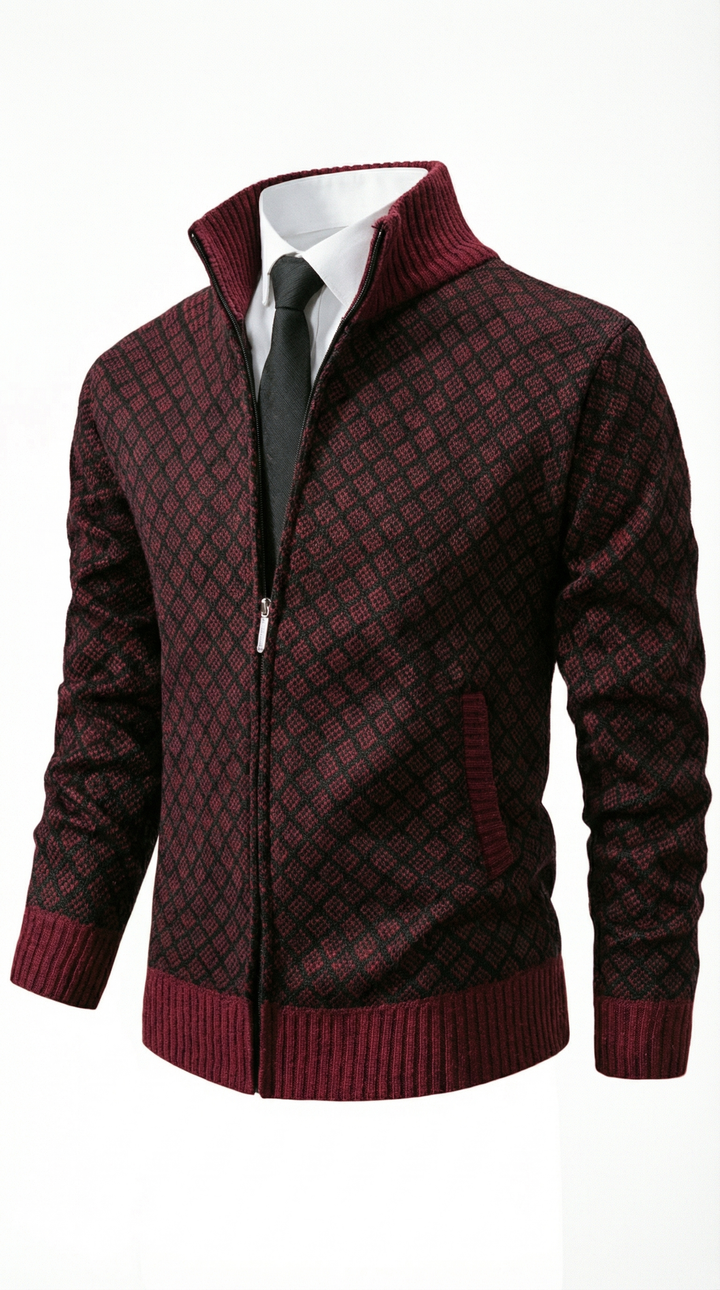 Damiano Diamond Knit Zip-Up Cardigan — Burgundy