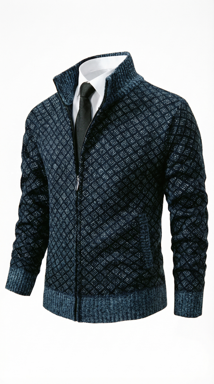 Damiano Diamond Knit Zip-Up Cardigan — Navy Blue