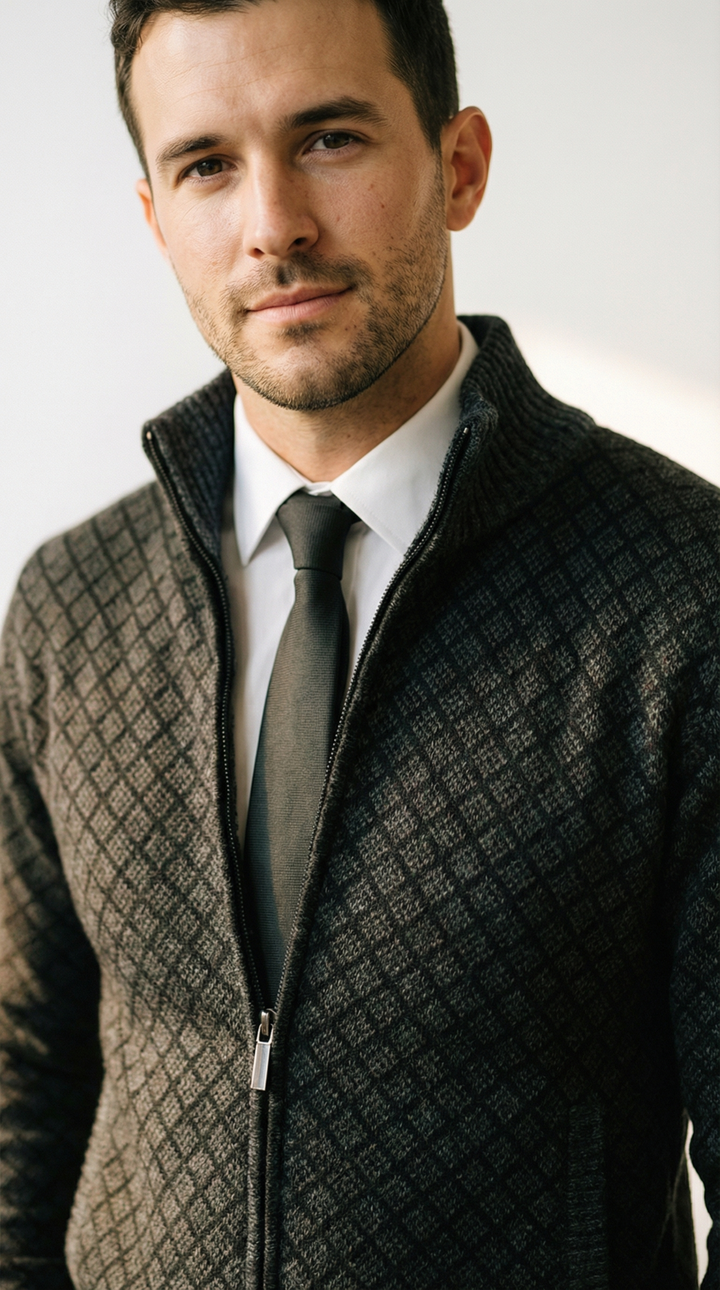 Damiano – Herren-Strickjacke mit Rautenmuster und Stehkragen