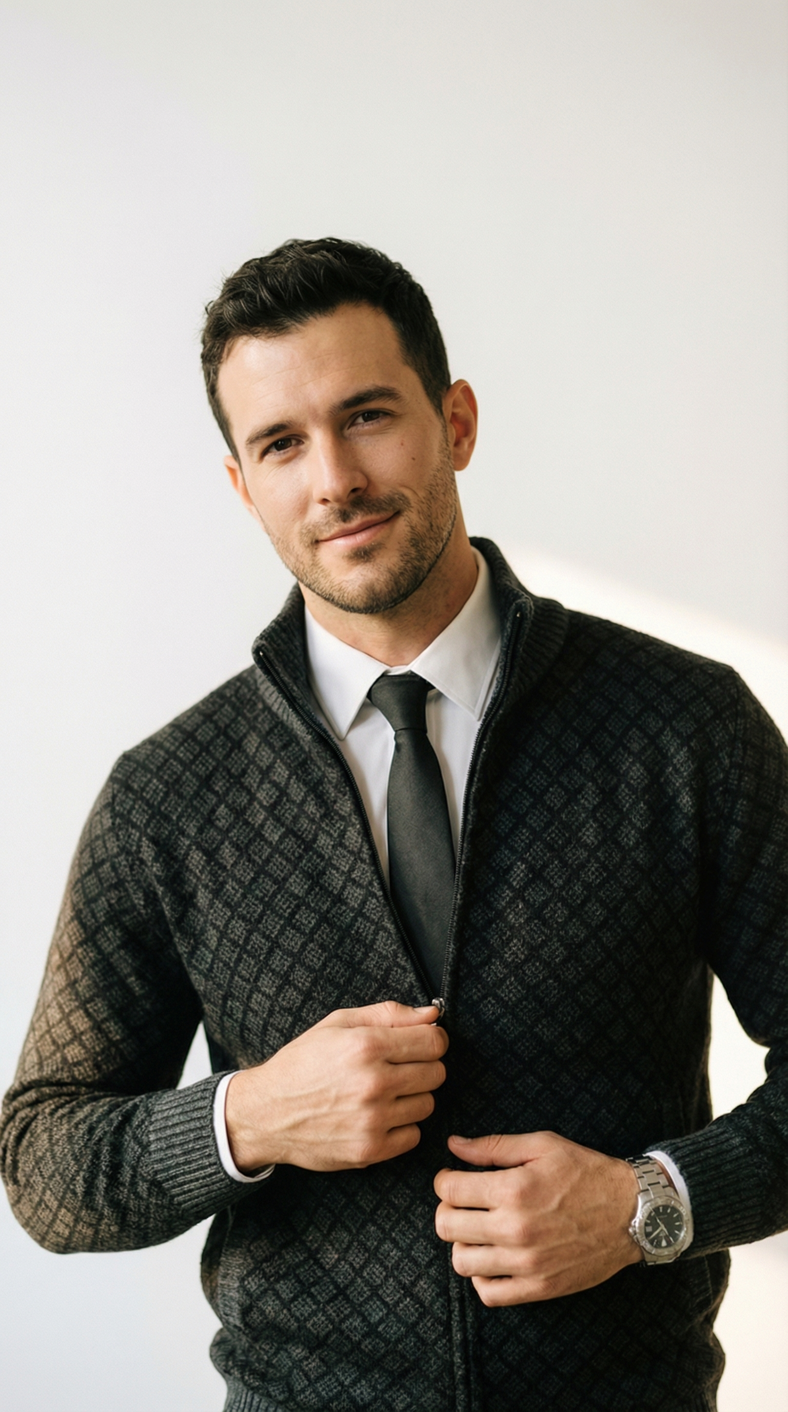 Damiano – Herren-Strickjacke mit Rautenmuster und Stehkragen