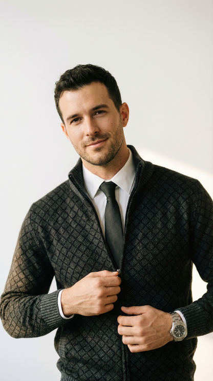 Damiano – Herren-Strickjacke mit Rautenmuster und Stehkragen