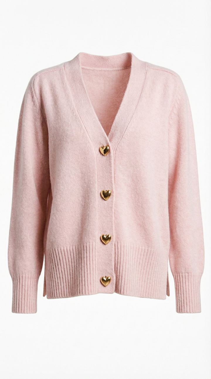 Corina Heart-Button Knit Cardigan — Pink