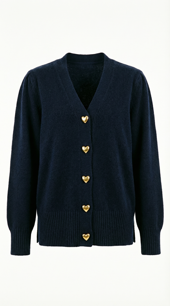 Corina Heart-Button Knit Cardigan — Navy Blue