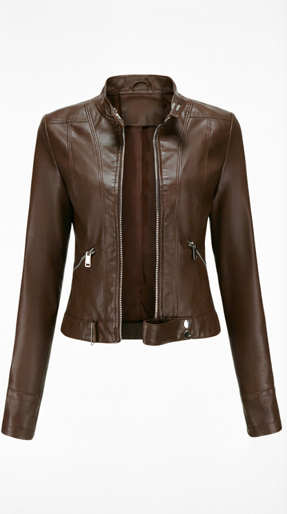 Francesca – Damen-Bikerjacke in Lederoptik mit Stehkragen