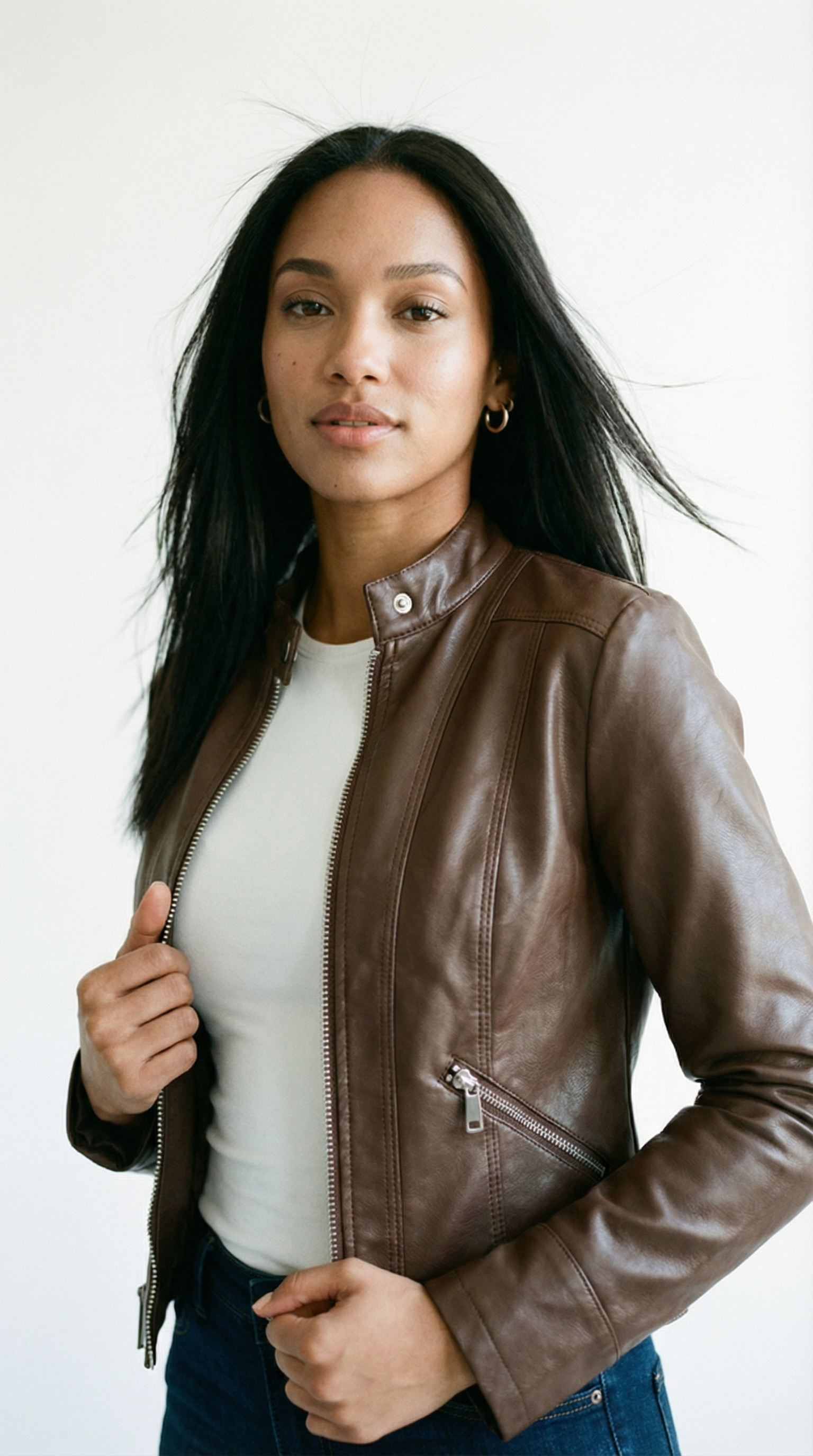 Francesca – Damen-Bikerjacke in Lederoptik mit Stehkragen