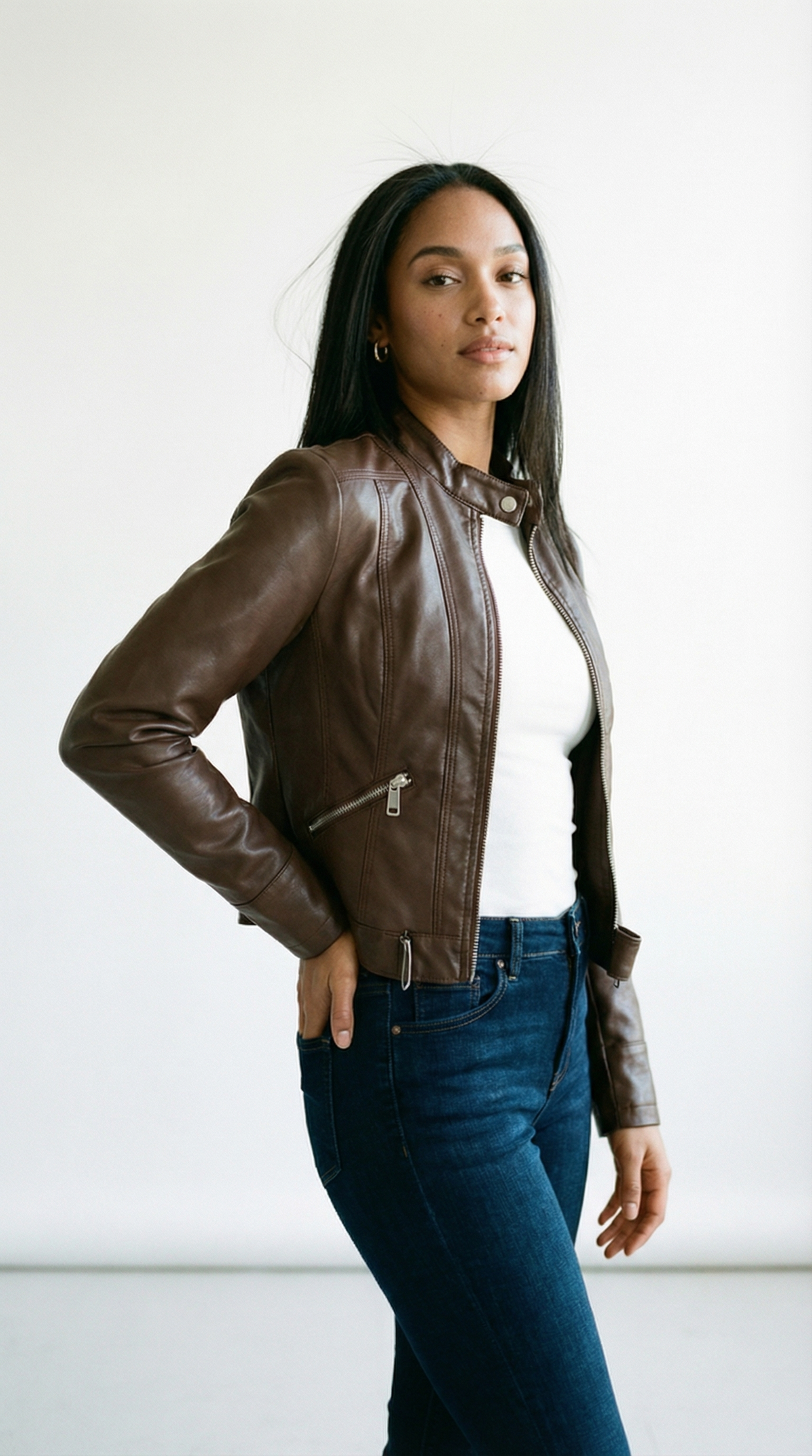 Francesca – Damen-Bikerjacke in Lederoptik mit Stehkragen