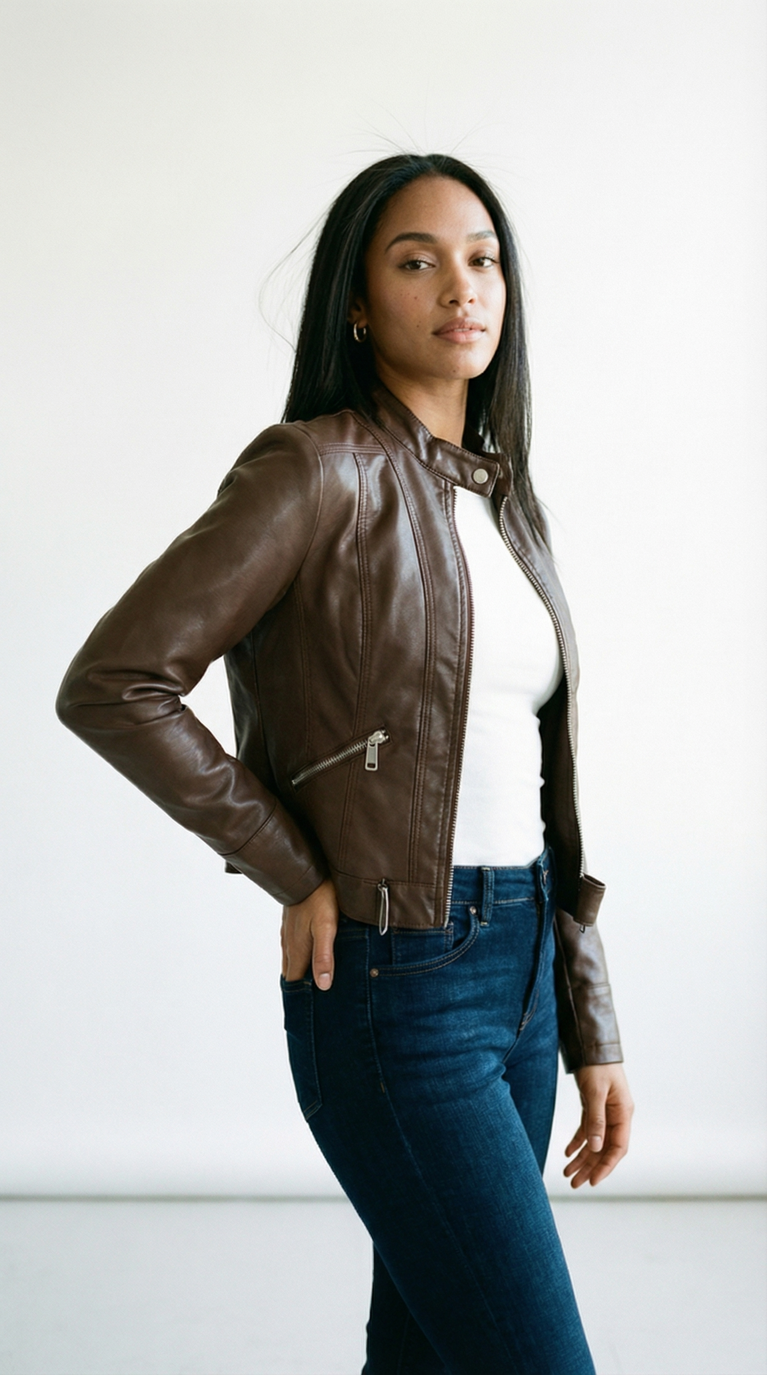 Francesca – Damen-Bikerjacke in Lederoptik mit Stehkragen