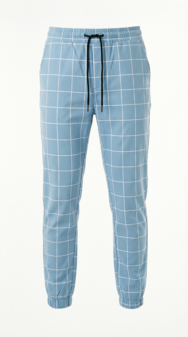 Enzo Khaki Check Jogger Trousers — Light Blue