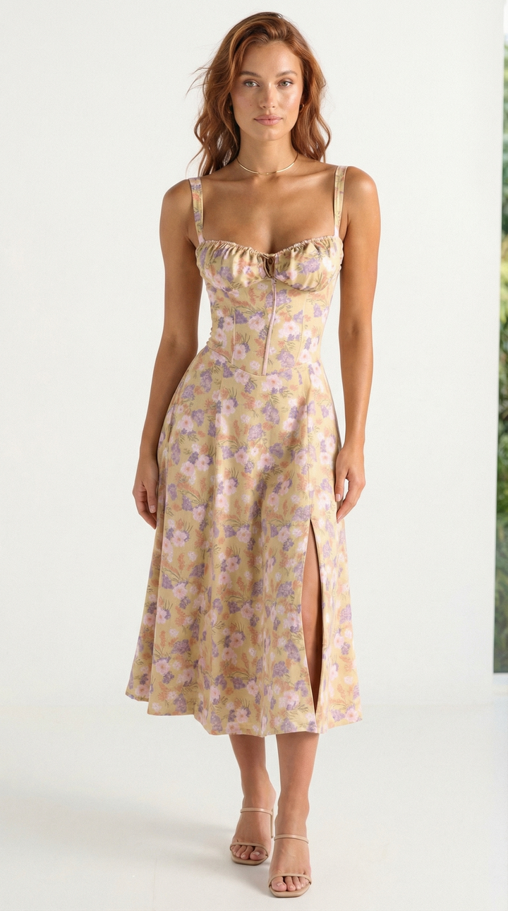 Valentina – Corsage-Midikleid mit Blumenprint und Schlitz