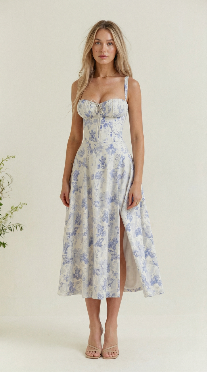 Valentina Floral Corset Midi Dress — Blue