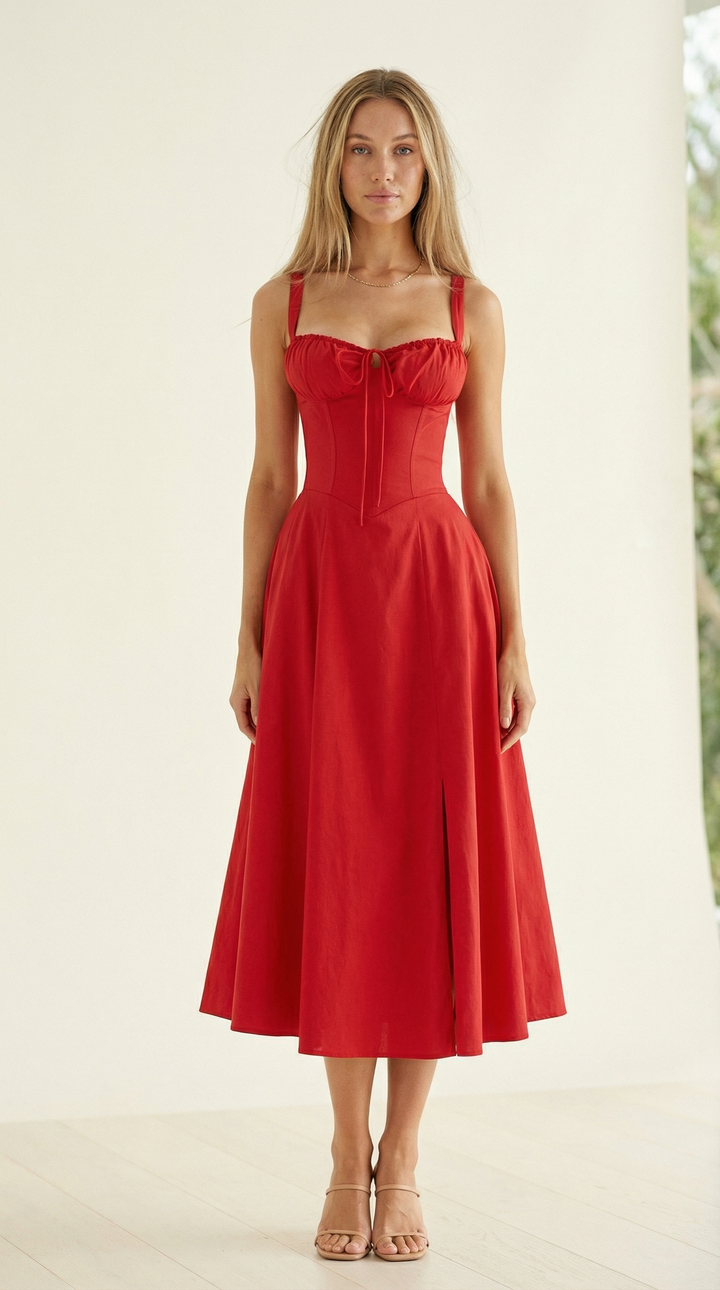 Valentina Floral Corset Midi Dress — Red