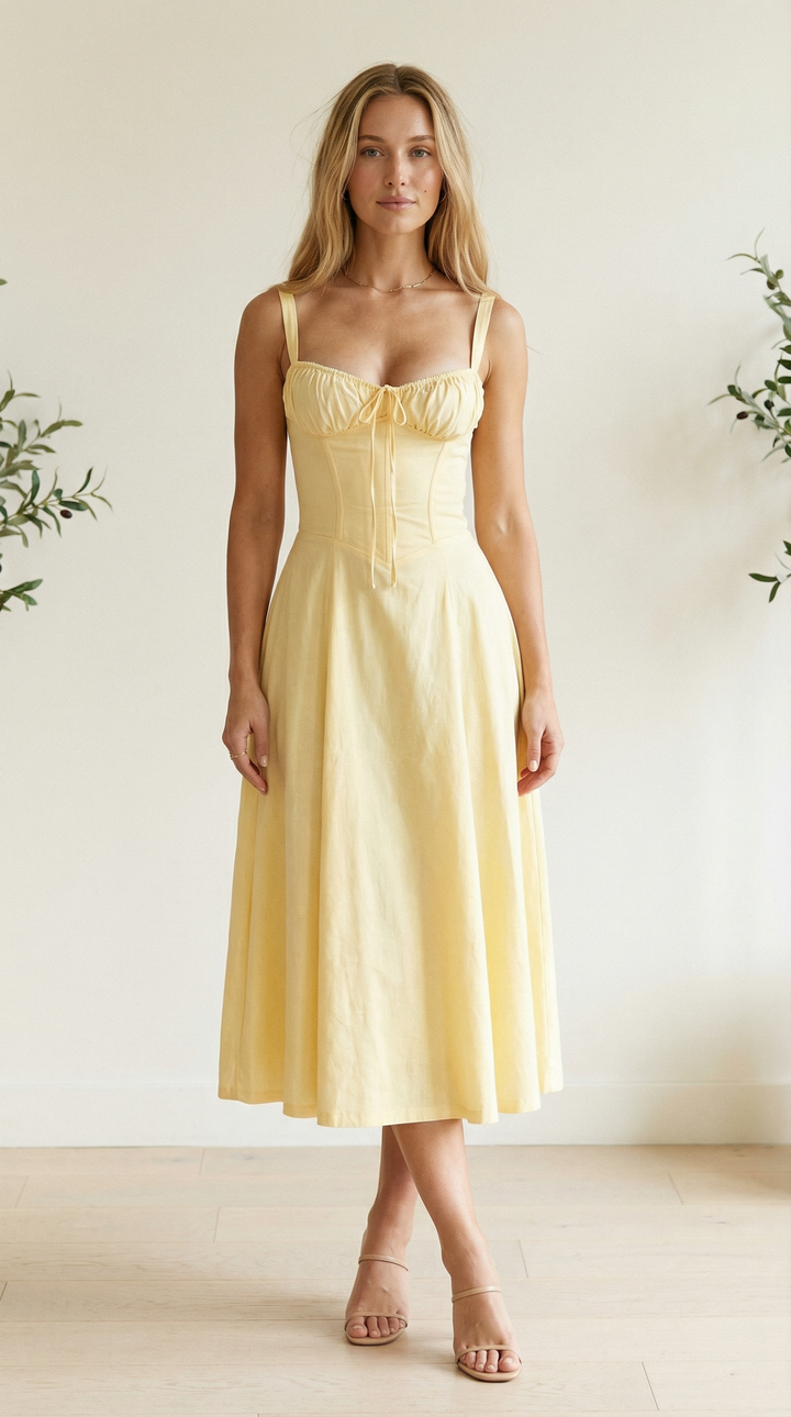Valentina Floral Corset Midi Dress — Light Yellow