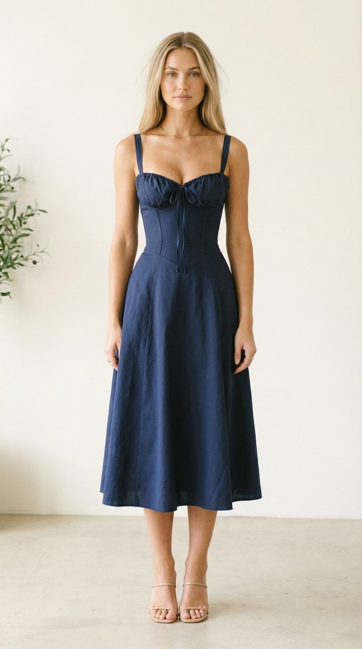 Valentina Floral Corset Midi Dress — Navy Blue