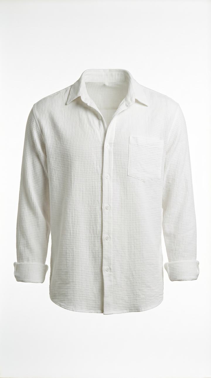 Ennio Blue Waffle-Texture Camp Collar Shirt — White