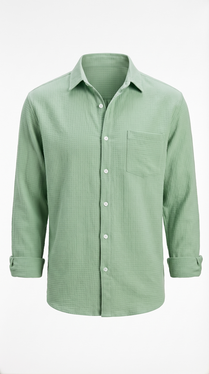 Ennio Blue Waffle-Texture Camp Collar Shirt — Green