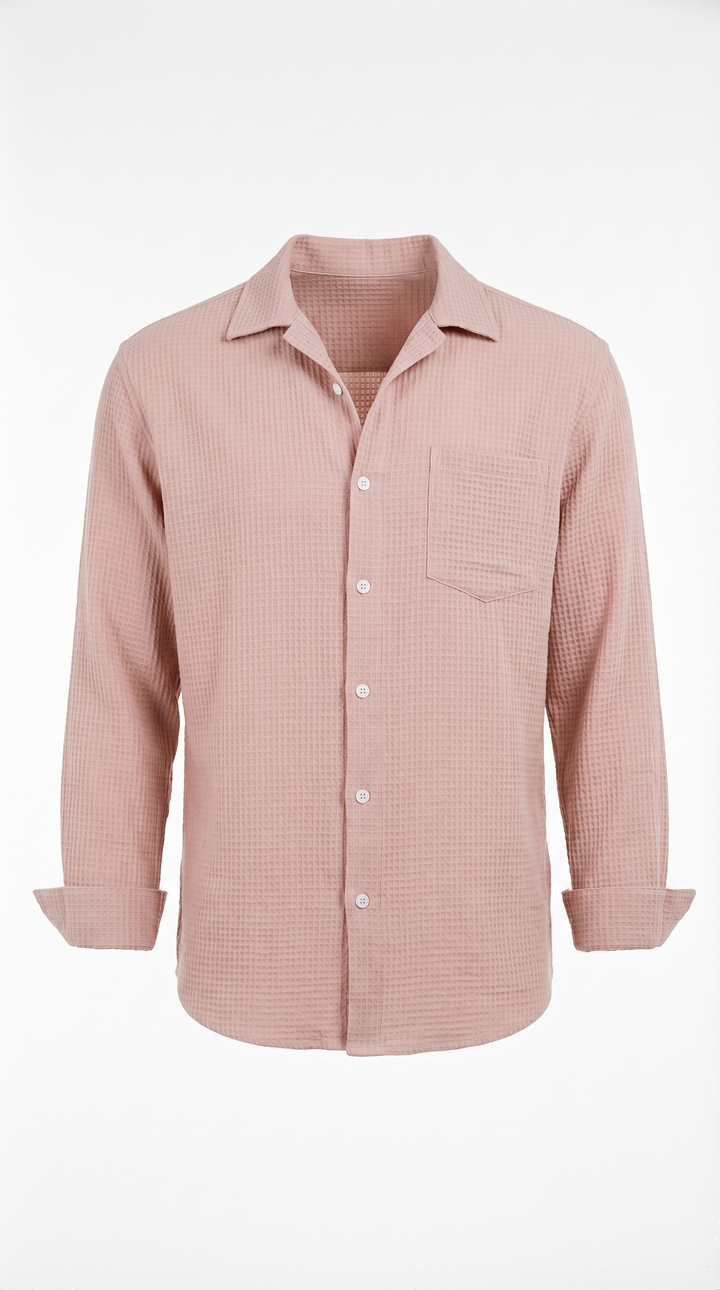 Ennio Blue Waffle-Texture Camp Collar Shirt — Pink