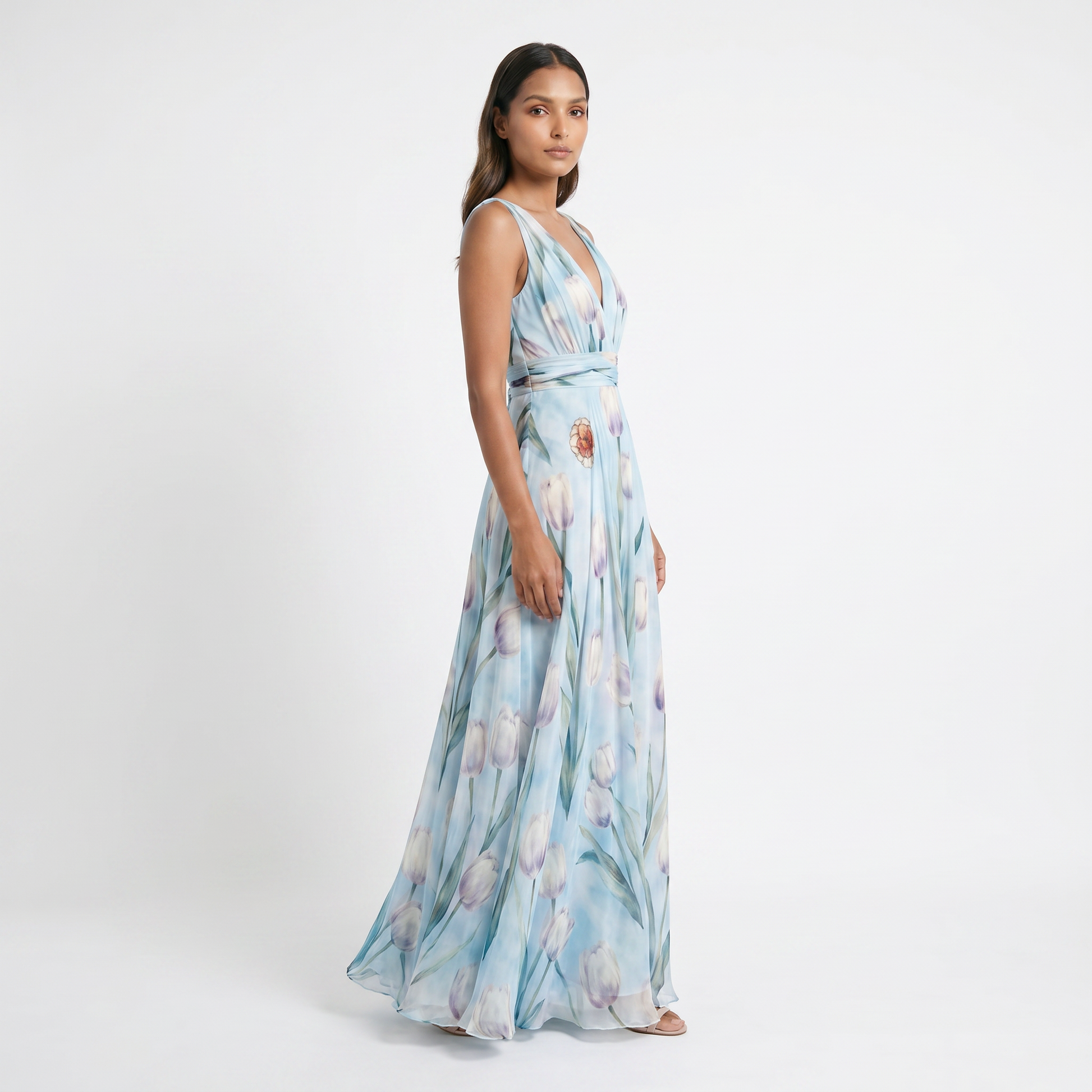 Victoria Tulip Wedding Guest Dress - model side angle - job 39a16055-5391-45e0-81c1-110045d79e5b