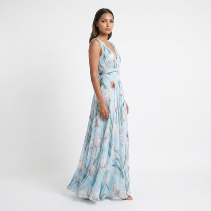 Victoria Tulip Wedding Guest Dress - model side angle - job 39a16055-5391-45e0-81c1-110045d79e5b