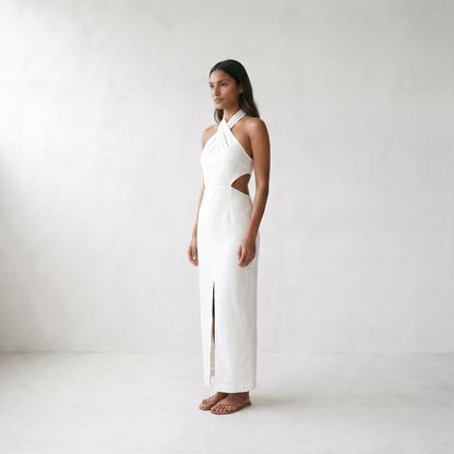 Adele Bohemian Halter Linen Dress - model side angle - job 74338e49-2424-4172-a38f-b65ae4ccc695