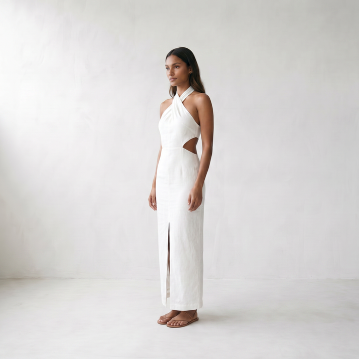 Adele Bohemian Halter Linen Dress - model side angle - job 74338e49-2424-4172-a38f-b65ae4ccc695