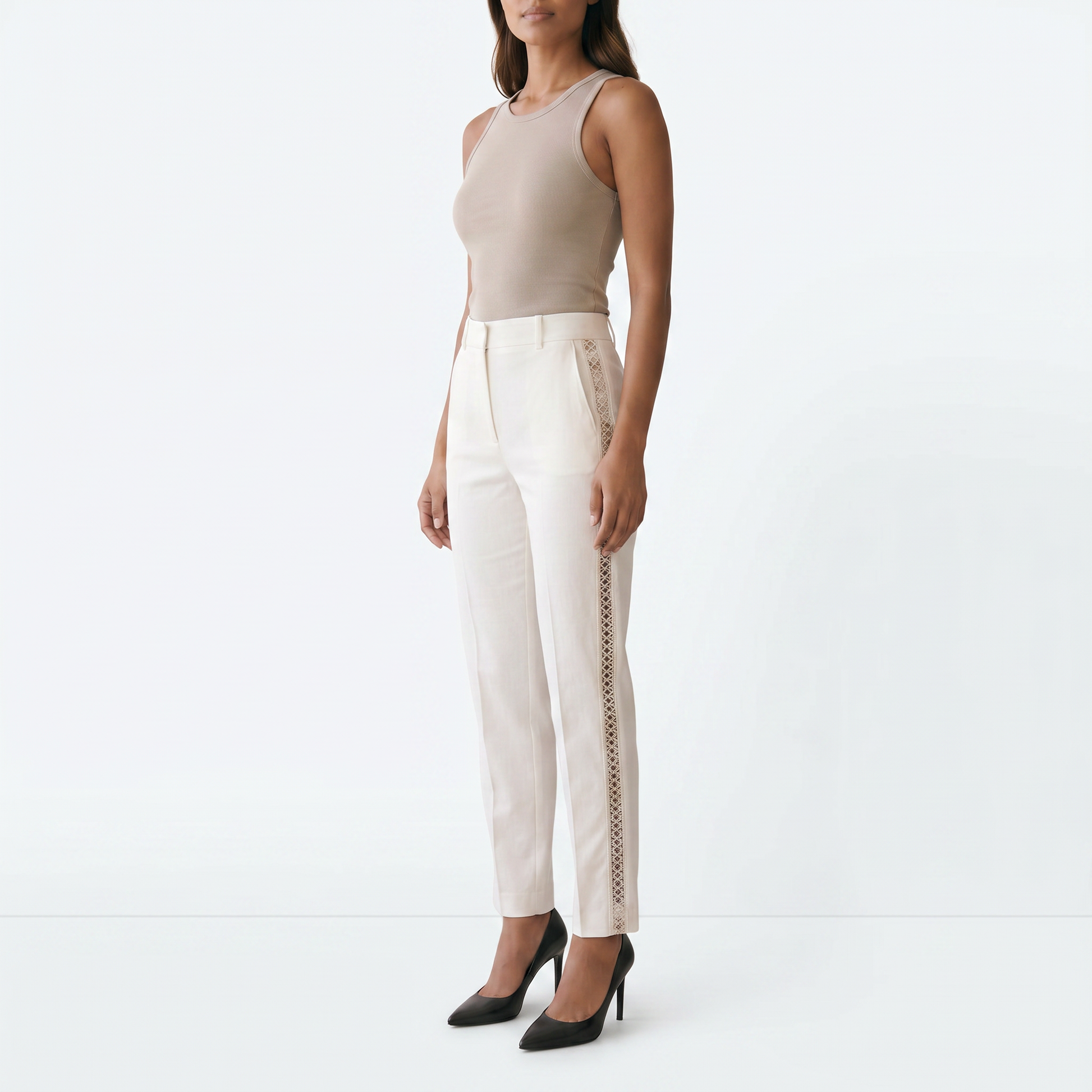 Abby | High Waist Side Stripe Tapered Leg Pants - model side angle - job 783d71b7-a699-47d4-ab6e-cbb481ca074c