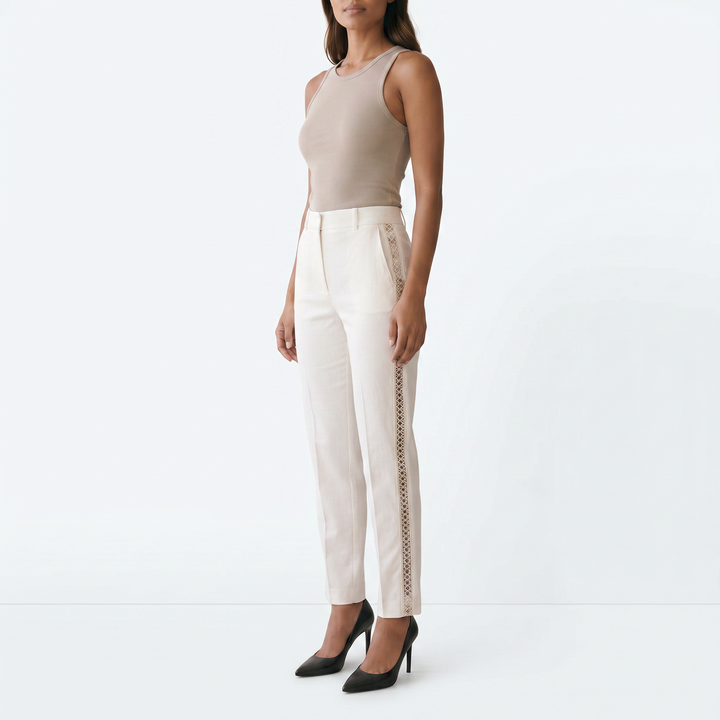 Abby | High Waist Side Stripe Tapered Leg Pants - model side angle - job 783d71b7-a699-47d4-ab6e-cbb481ca074c