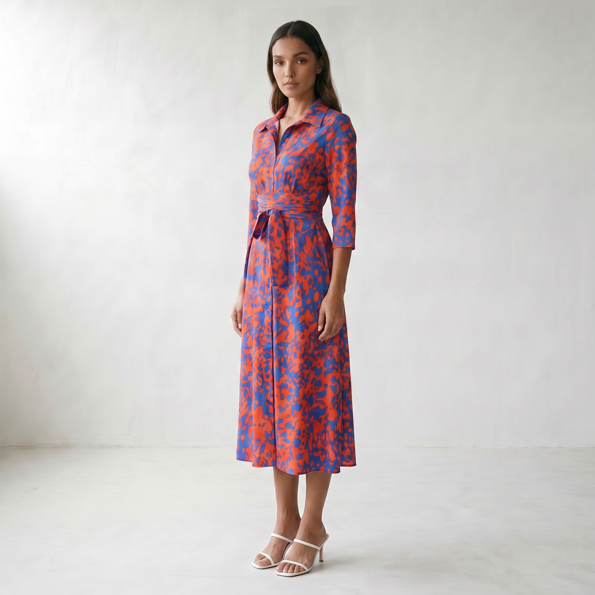 Abstract Print Midi Dress – Casual Dress | Seraphina - model side angle - job 491f96c6-7959-4b76-a91a-4cbd4fb7a25b
